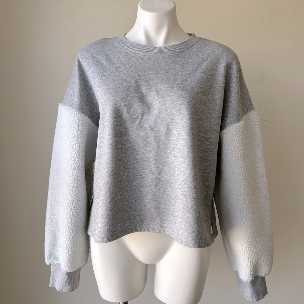 All:Row Cozy Color Block Sweatshirt with Fluffy Sherpa Sleeves, Heather Grey, L